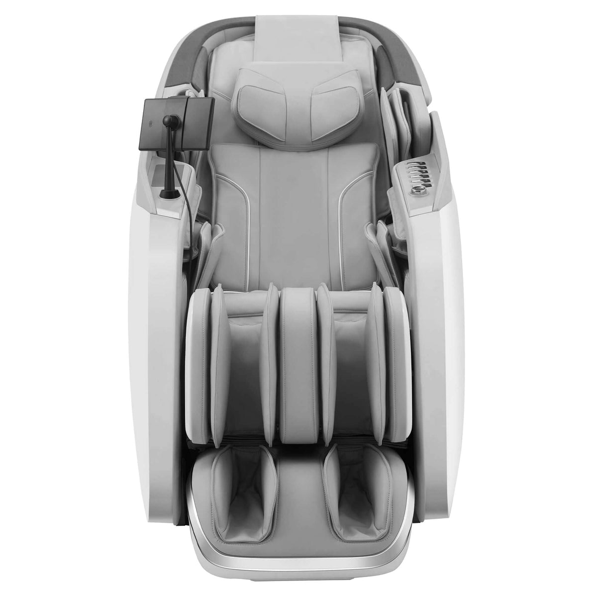 Cyber Relax Pro MR8000 massage chair in light gray and white upholstery, with padded arm, leg and foot massage sections