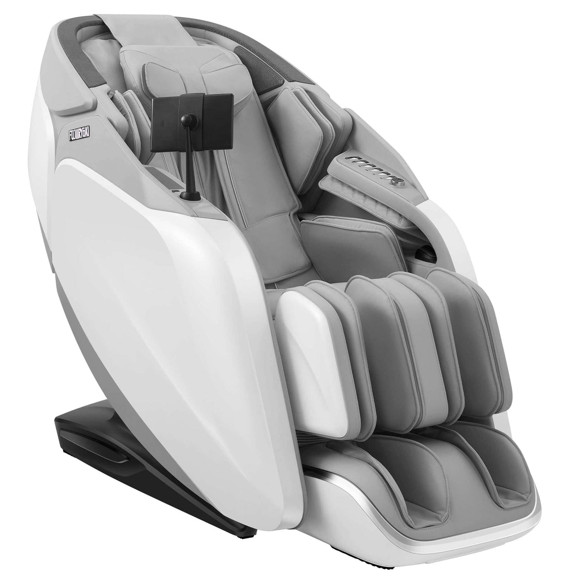 Cyber Relax Pro MR8000 massage chair in white and gray upholstery with padded arm, back, and leg compartments