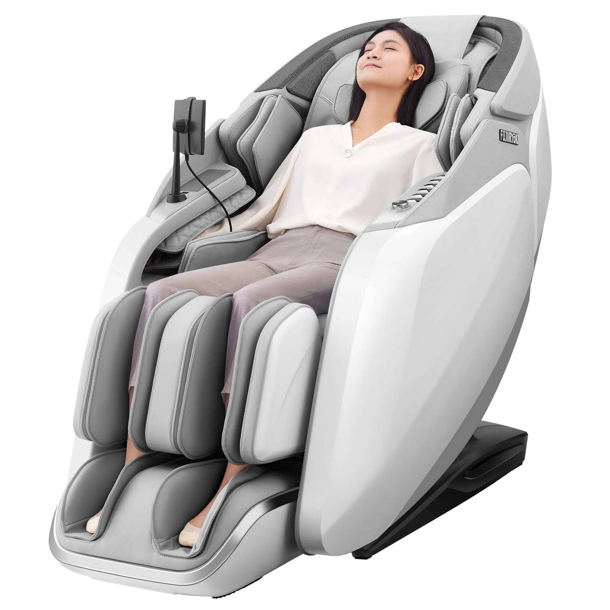 Cyber Relax Pro MR8000 massage chair in white and gray faux leather with padded arm, leg and foot compartments