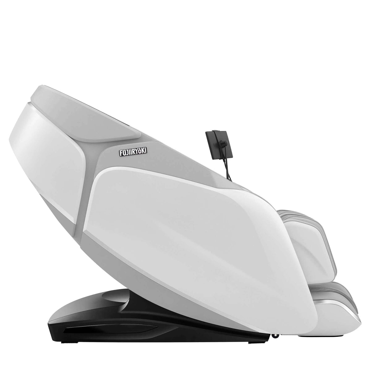 Cyber Relax Pro MR8000 massage chair with smooth white leather upholstery, gray trim, black base, and slim control panel