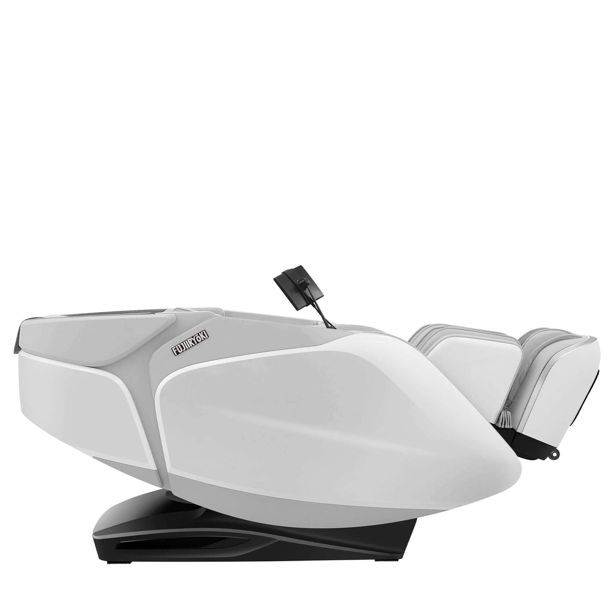 Cyber Relax Pro MR8000 massage chair in a reclined position, featuring a smooth white shell, gray upholstery and footrest