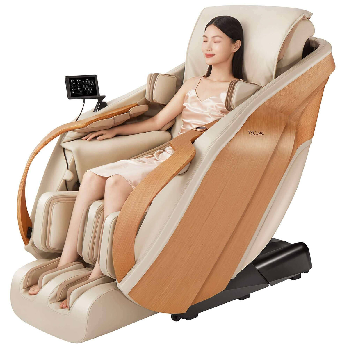 D.Core 2 massage chair in cream upholstery with warm oak side panels and handrails, featuring a touchscreen remote