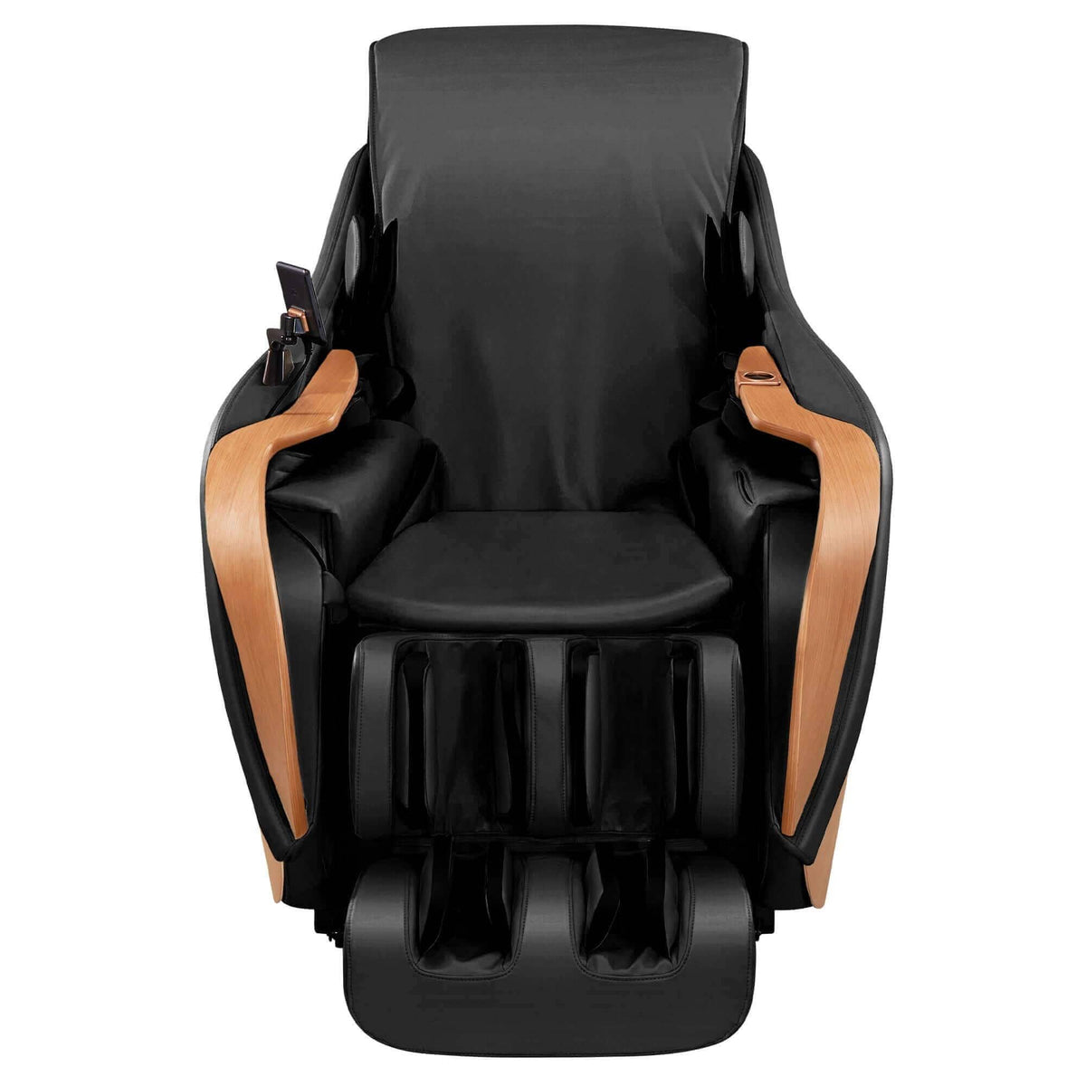 D.Core 2 massage chair in black with warm oak side panels and elongated wooden handrails, featuring a padded seat and foot massager