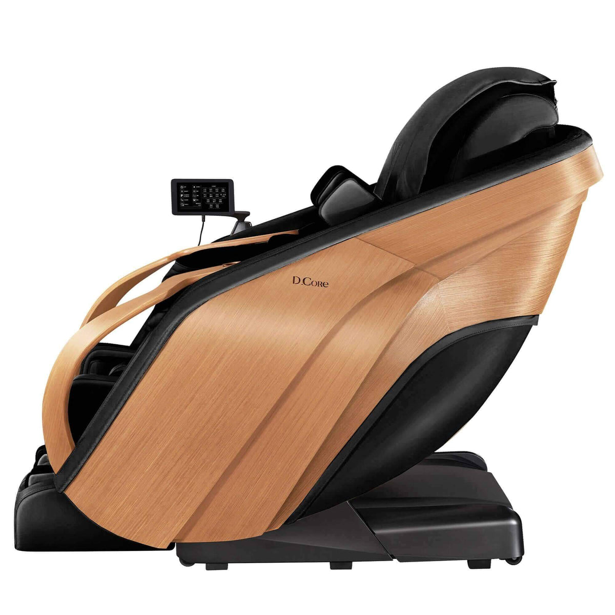 D.Core 2 massage chair with warm oak side panels, black upholstery, curved handrails and touchscreen remote