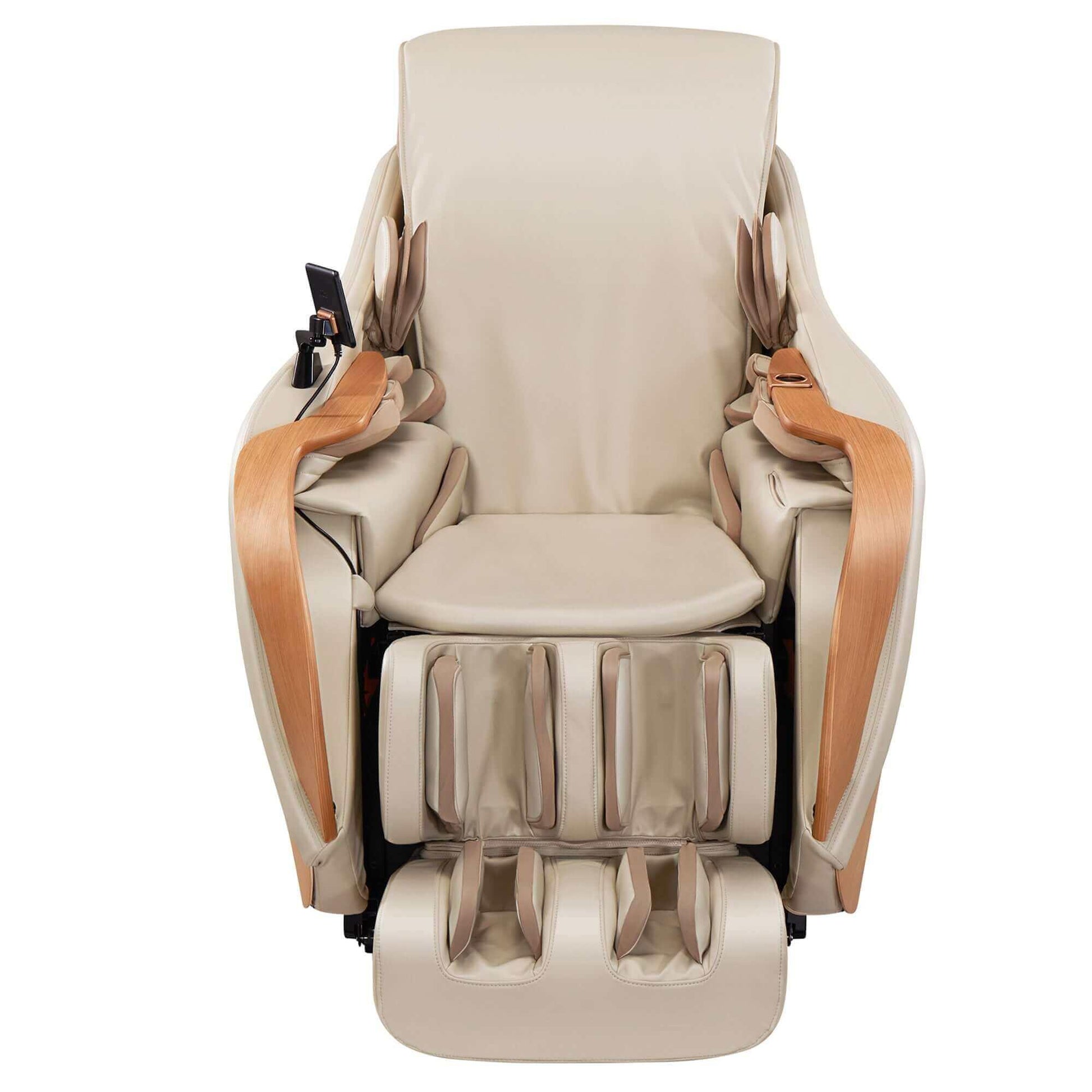 DCore 2 electric massaging chair in beige with wooden armrests and multiple massage zones