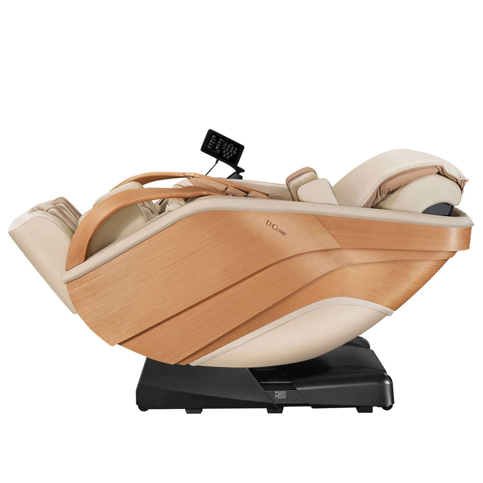 DCore 2 electric massaging chair in beige with wooden accents and remote control