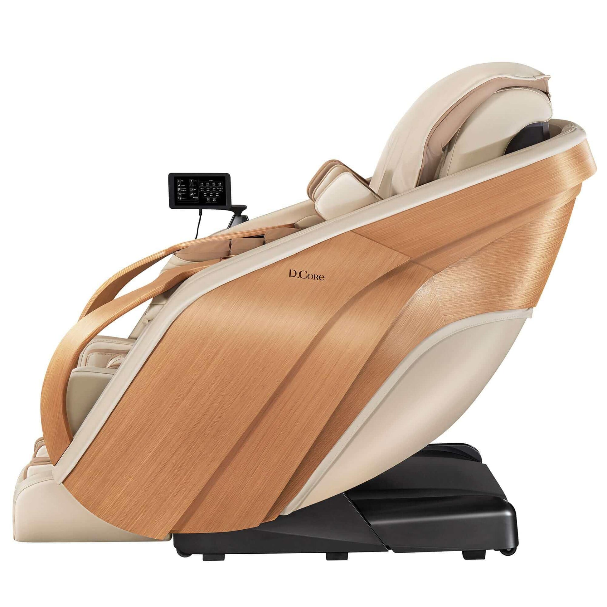 DCore 2 electric massaging chair with wooden side panel and beige upholstery featuring a digital control panel