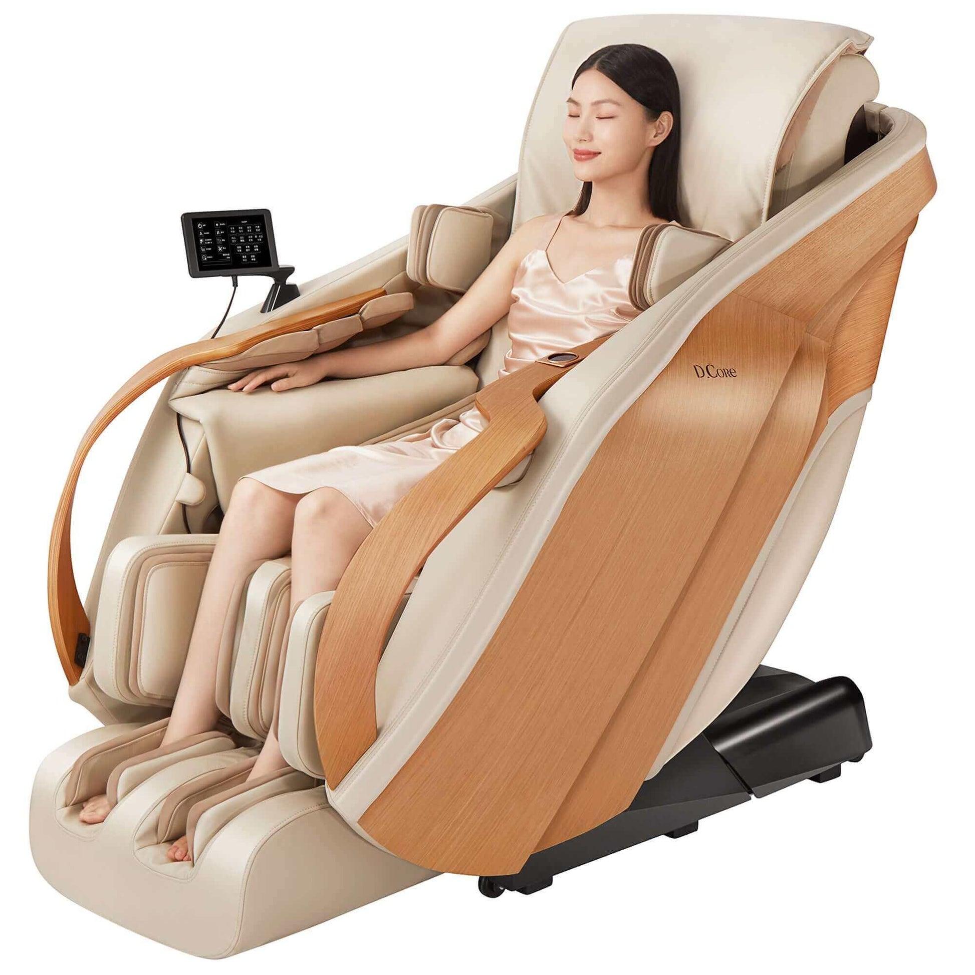DCore 2 electric massaging chair in beige with wood accents featuring full body massage and remote control