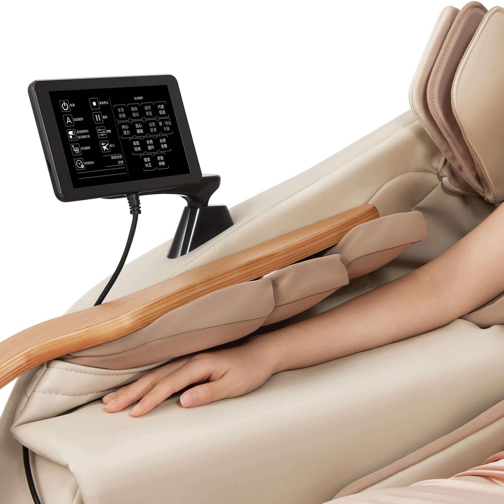 DCore 2 electric massaging chair armrest with control panel and cushioned beige leather upholstery