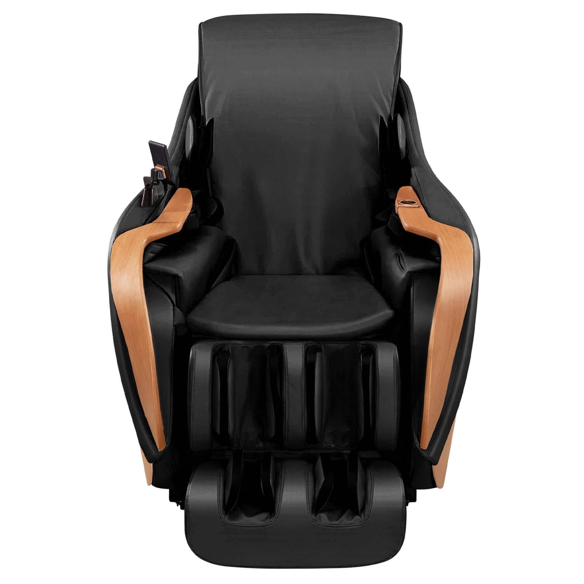 DCore 2 electric massaging chair in black with wooden arm accents and footrest for full body relaxation