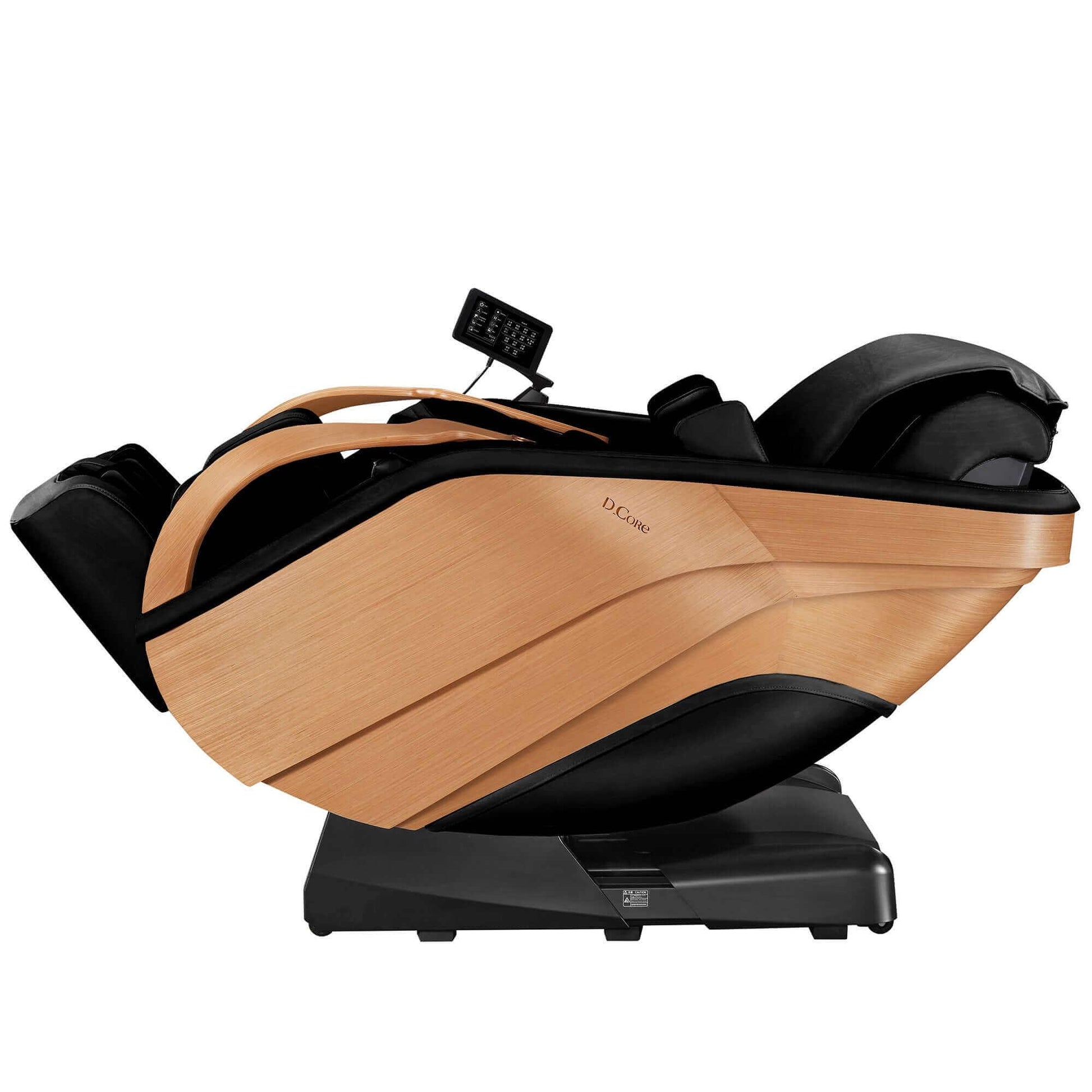 DCore 2 electric massaging chair with wood finish and black cushioned seating in reclined position