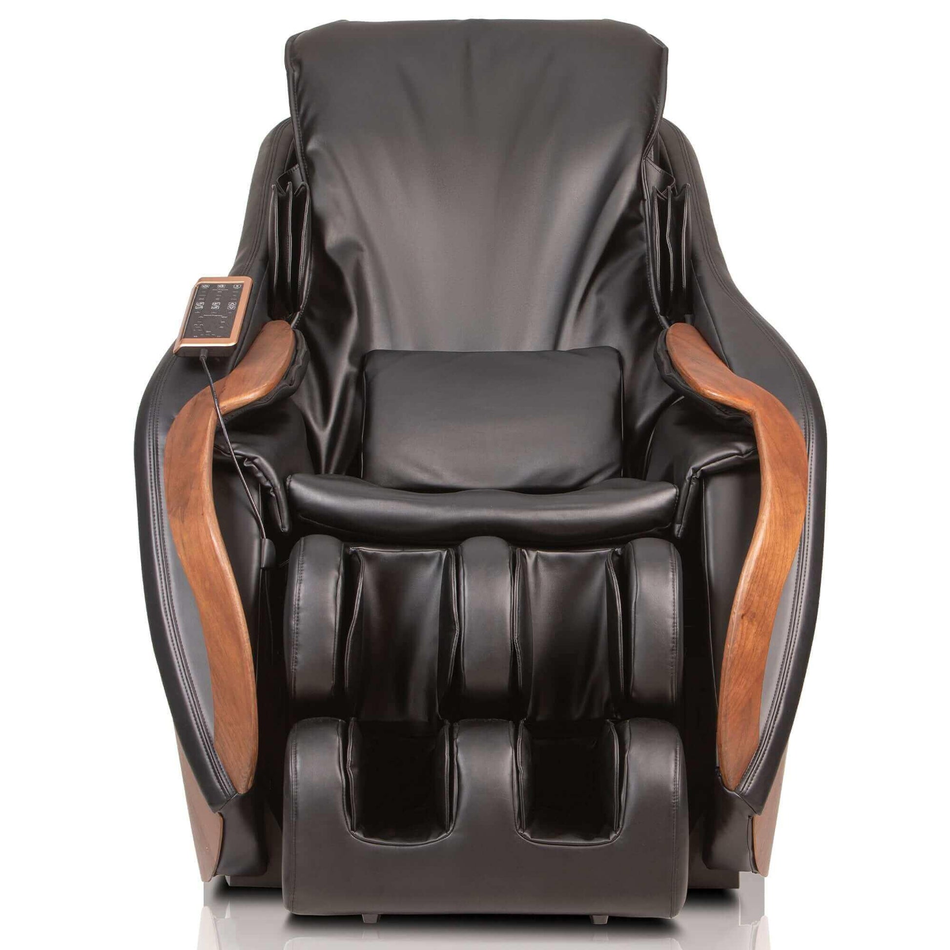 DCore CIRRUS electric massaging chair in black with wooden armrests and remote control