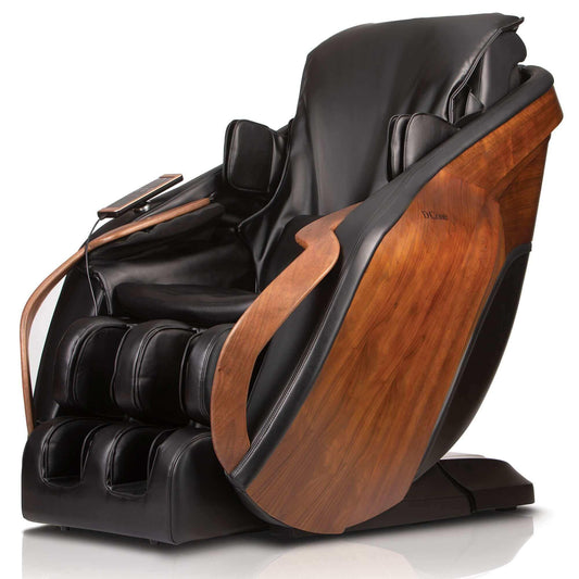 DCore CIRRUS electric massaging chair in black leather with wood panel accents and remote control