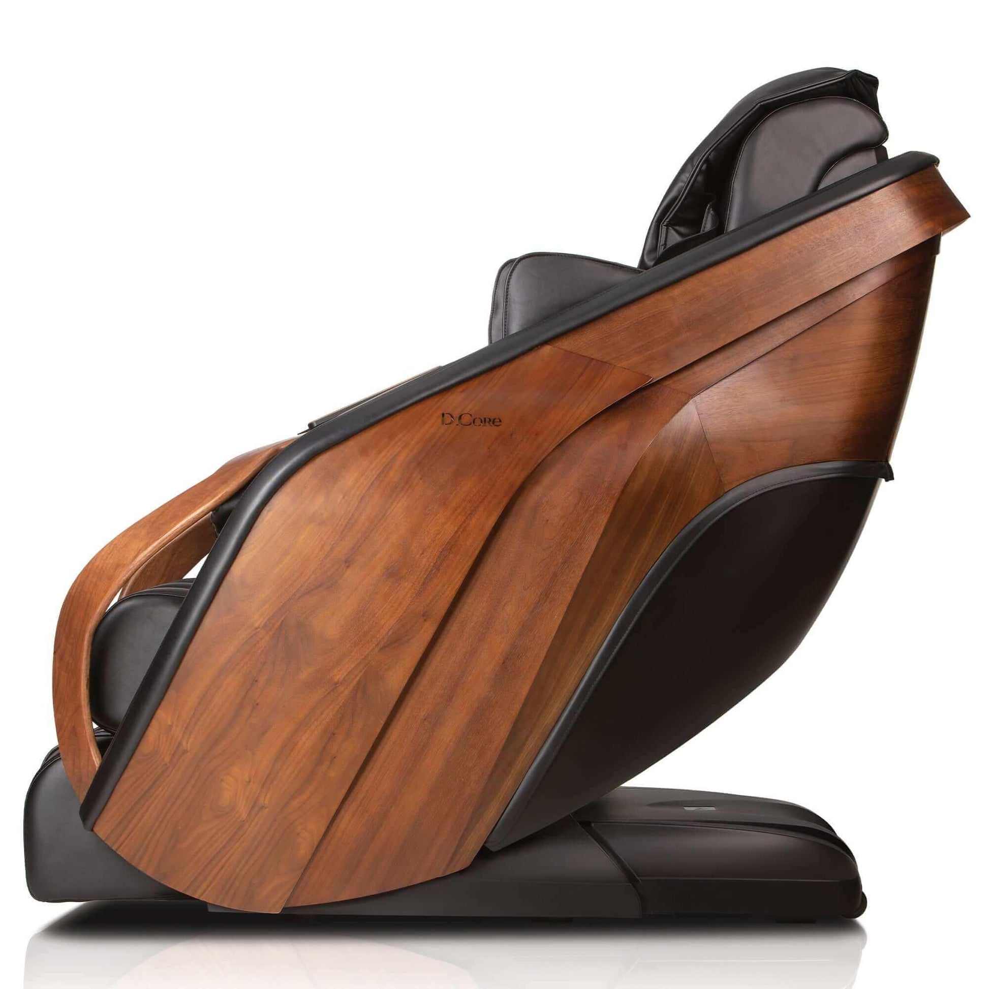 DCore CIRRUS electric massaging chair with wooden side panels and black leather cushions