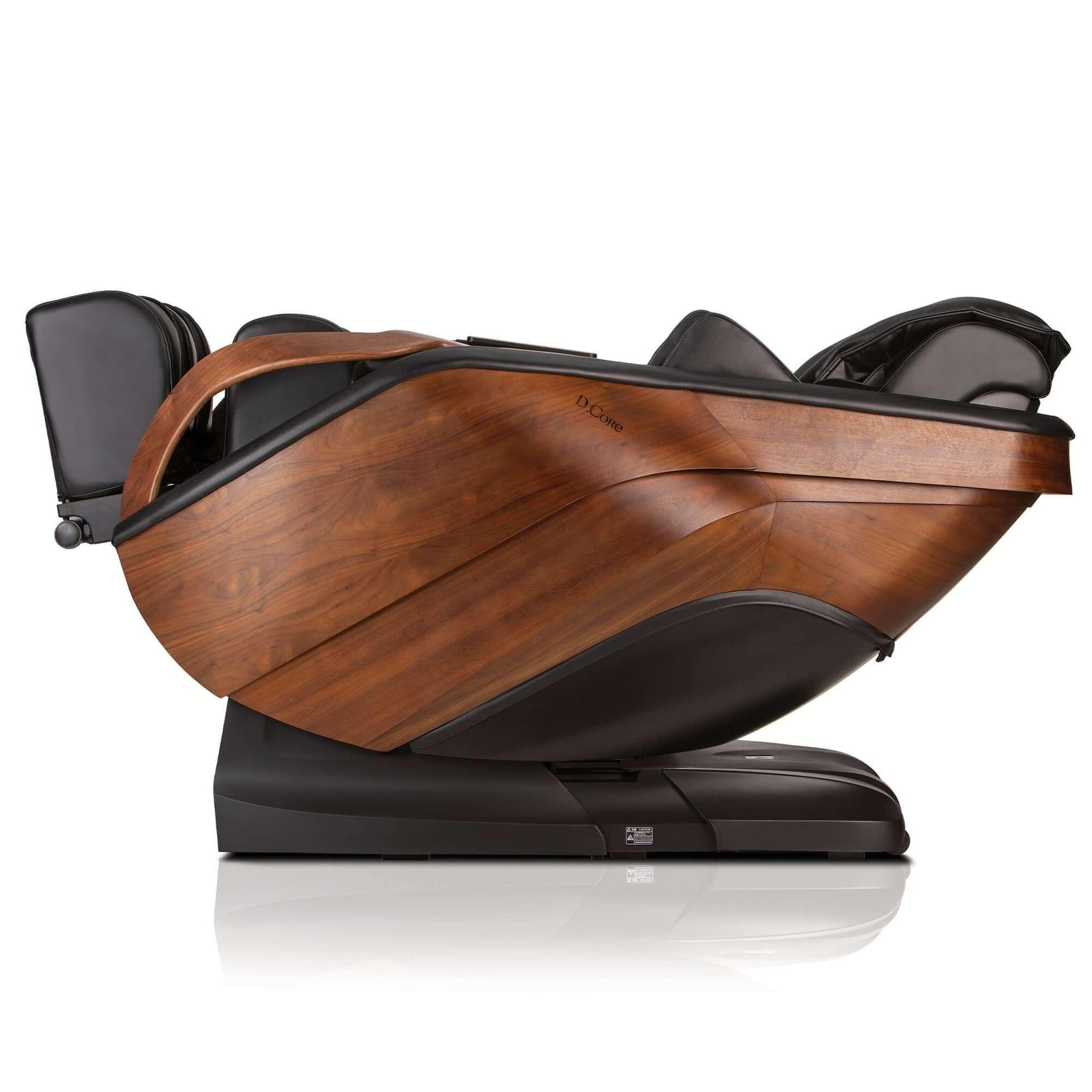 DCore CIRRUS electric massaging chair with wood finish and black leather upholstery in reclined position