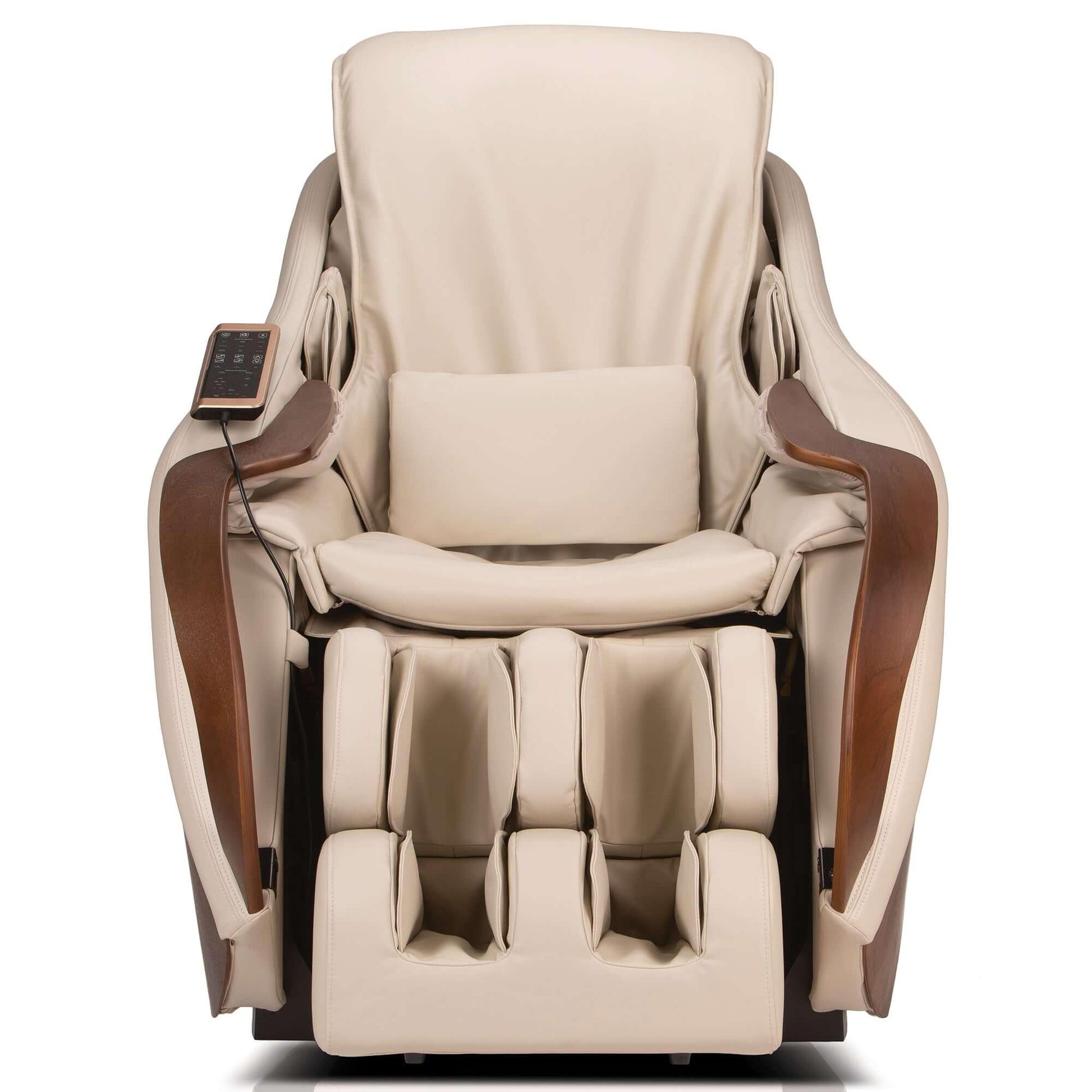 DCore CIRRUS electric massaging chair in beige with wooden armrests and remote control