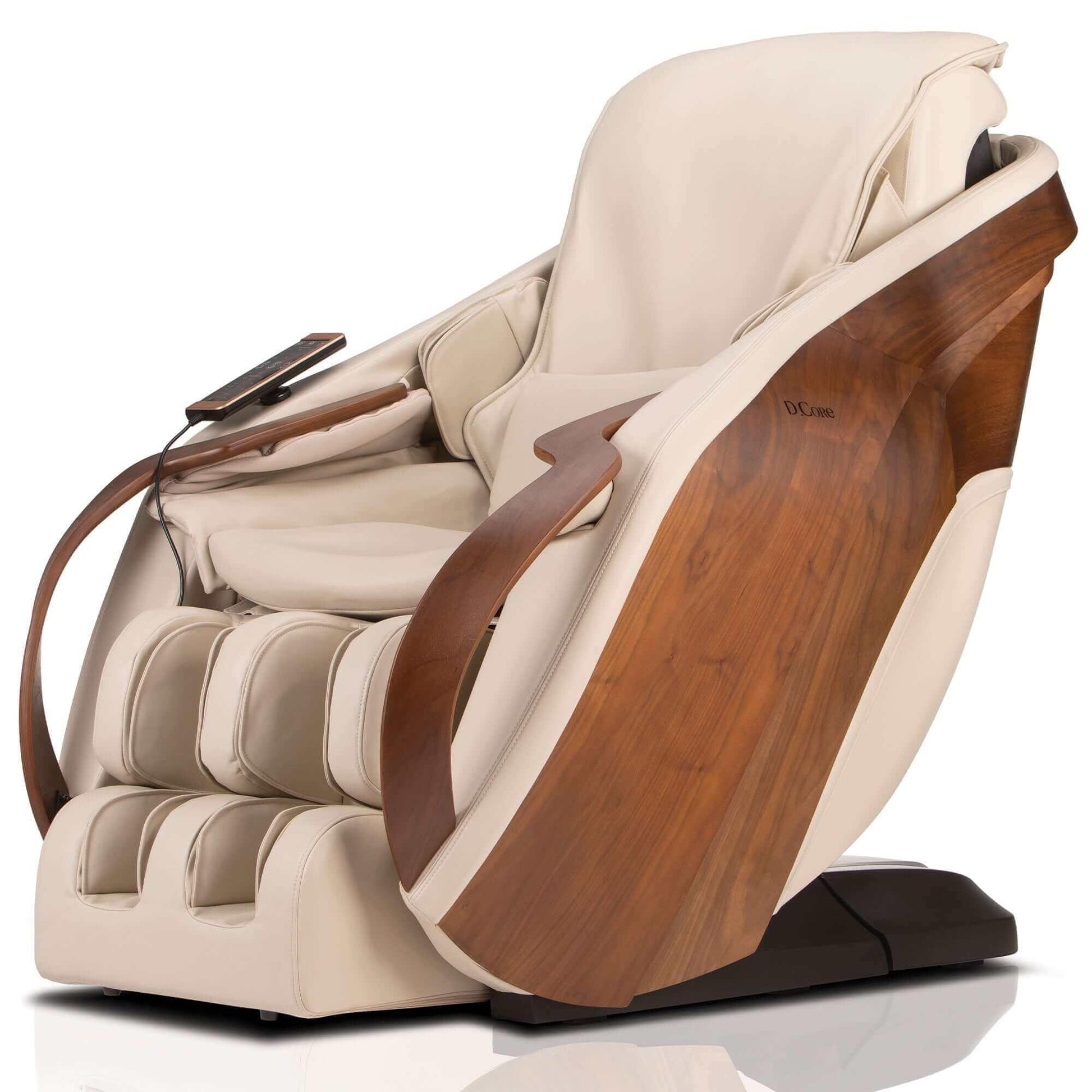 DCore CIRRUS electric massaging chair in beige with wooden side panels and remote control