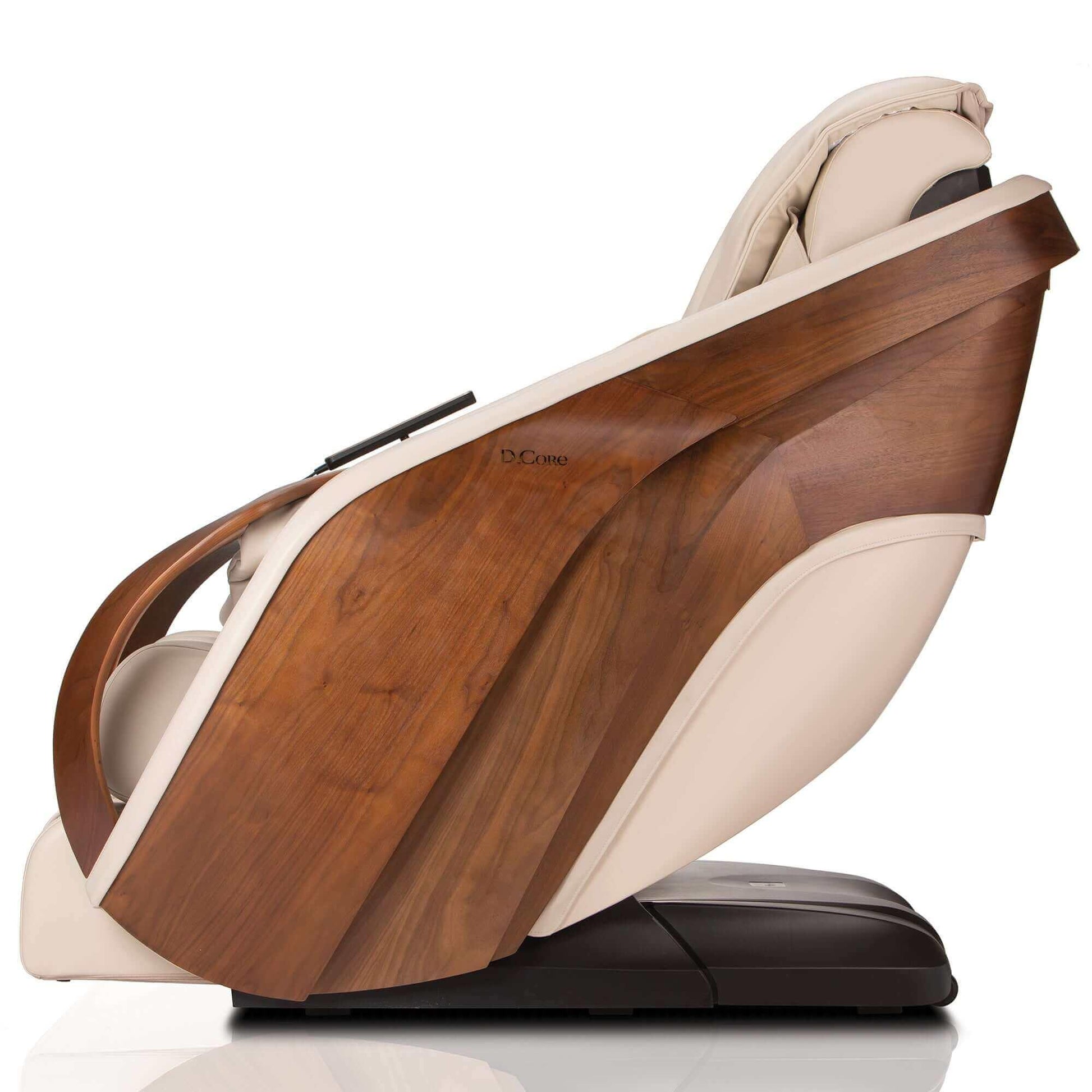 DCore CIRRUS electric massaging chair with cream cushions and wooden side panels for home relaxation