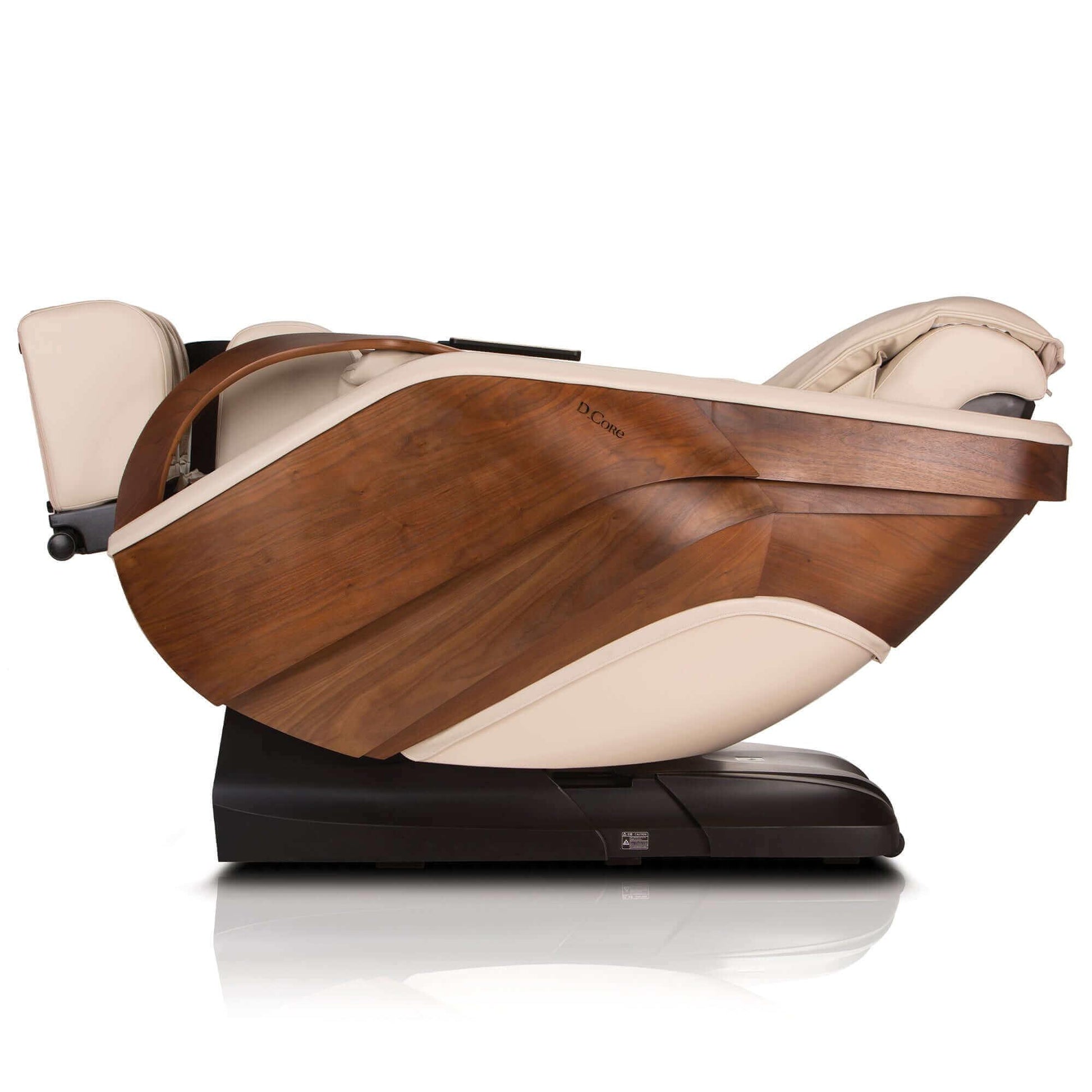 DCore CIRRUS electric massaging chair with wood paneling and beige cushioning in reclined position