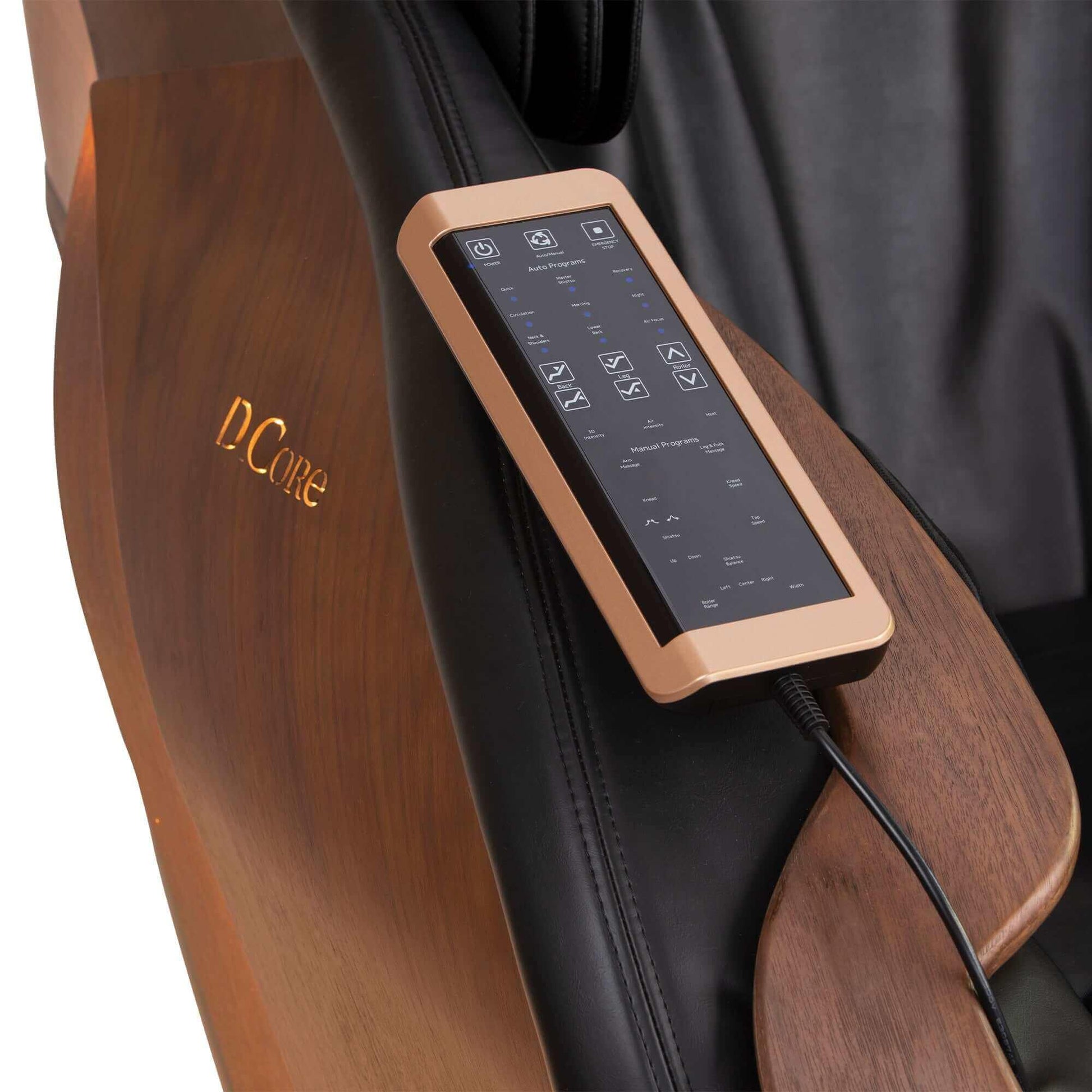 DCore CIRRUS electric massaging chair remote control on leather and wood armrest