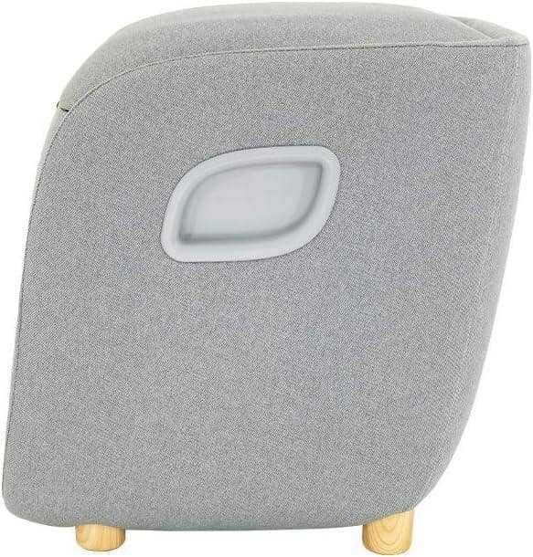 Foot + Calf + Lumbar Ottoman Massager in light gray textured fabric, with a curved upholstered body and wooden feet