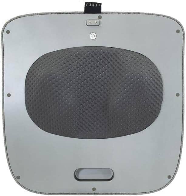 Foot + Calf + Lumbar Ottoman Massager with a light gray upholstered lid and dark textured oval panel