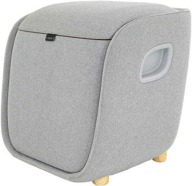 Foot + Calf + Lumbar Ottoman Massager in light grey textured fabric, with a rounded ottoman shape and small wooden feet.