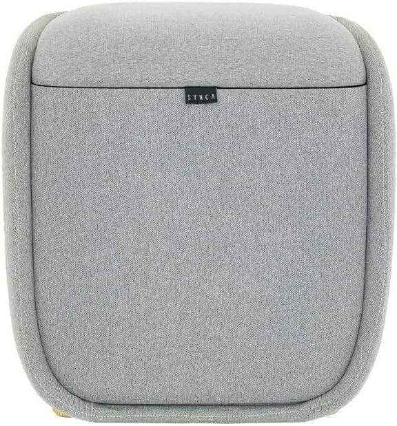 Foot + Calf + Lumbar Ottoman Massager in light gray woven fabric, with a cushioned lid and rounded edges