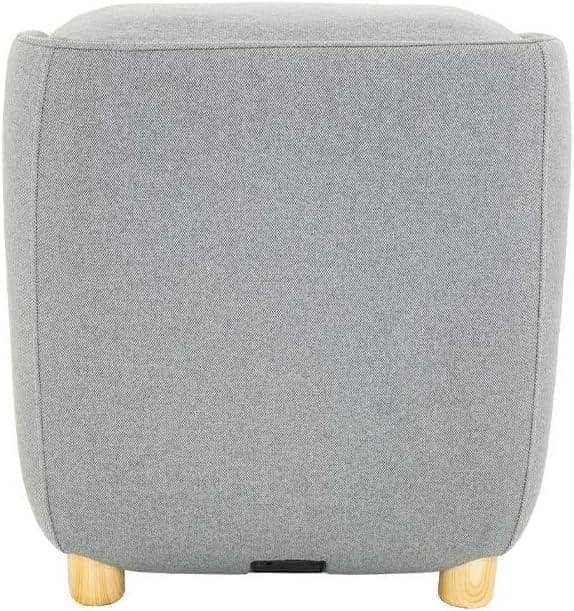 Foot + Calf + Lumbar Ottoman Massager in light grey fabric, with a padded square top and short wooden feet