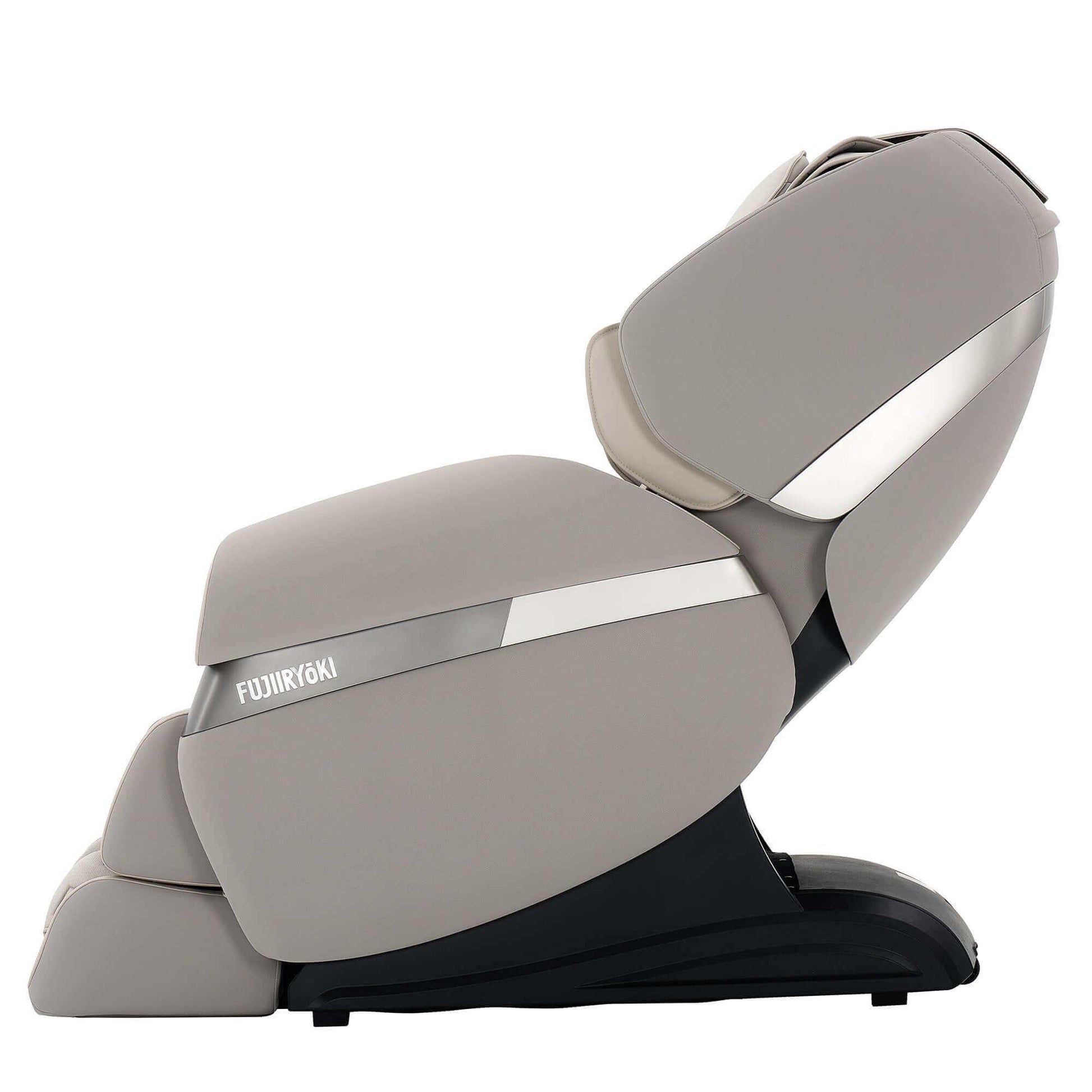 Fujiiryoki Calm Plus electric massaging chair in gray with ergonomic design and sleek silver accents