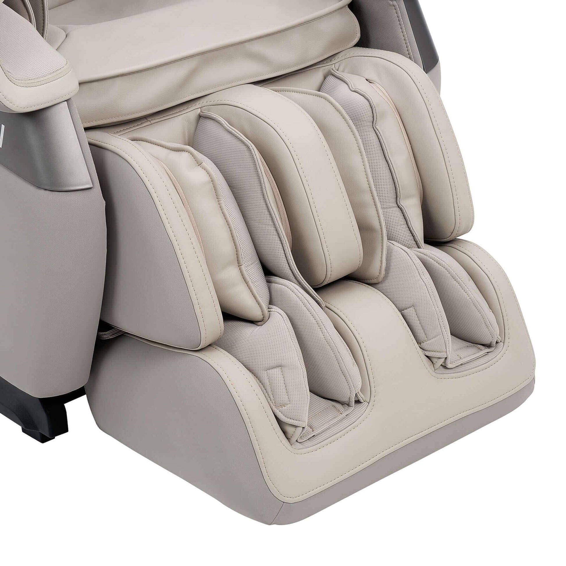 Calm Plus Massage Chair close up of beige foot and calf airbag system with padded leg massage cushions