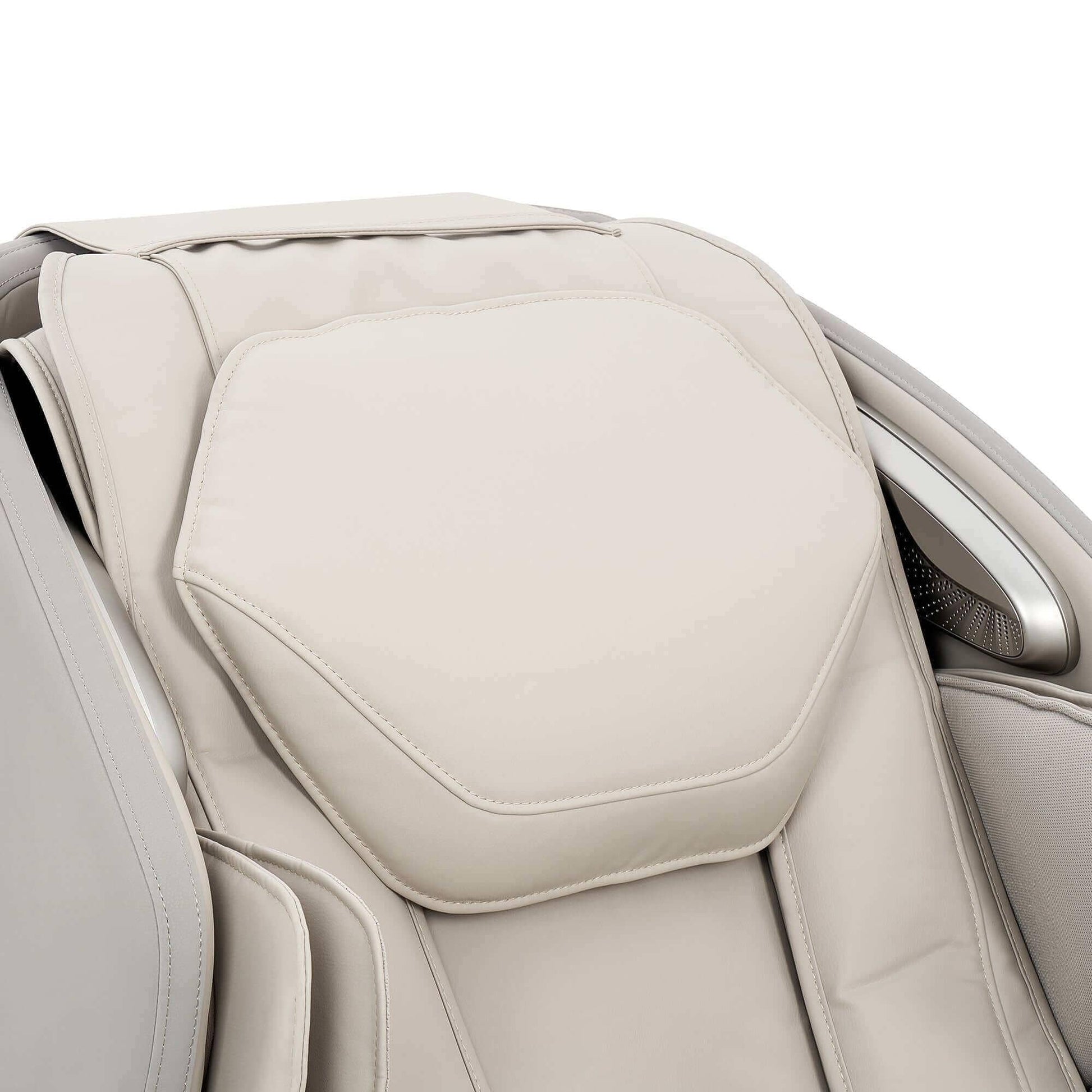 Fujiiryoki Calm Plus Massage Chair cream leather headrest and upper back cushion with shoulder airbags
