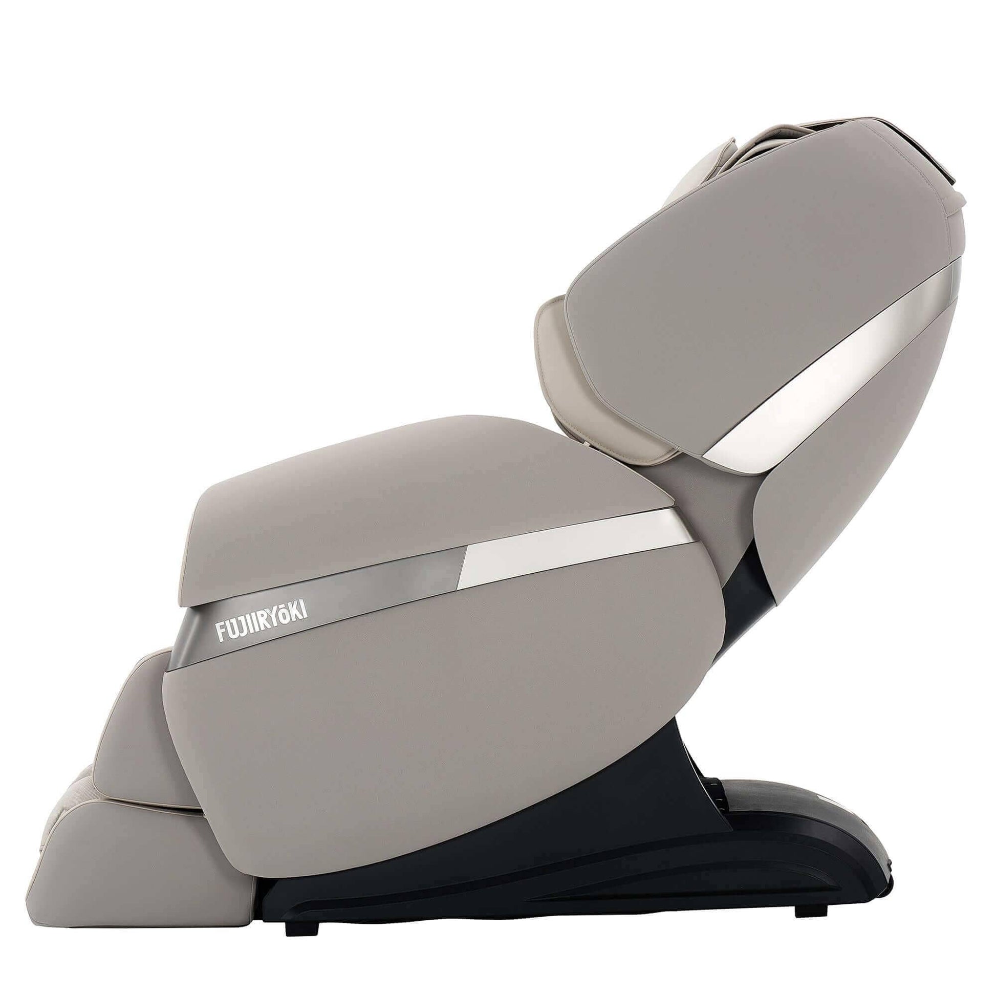 Fujiiryoki Calm Plus Massage Chair in gray taupe reclined full body zero gravity design for home relaxation