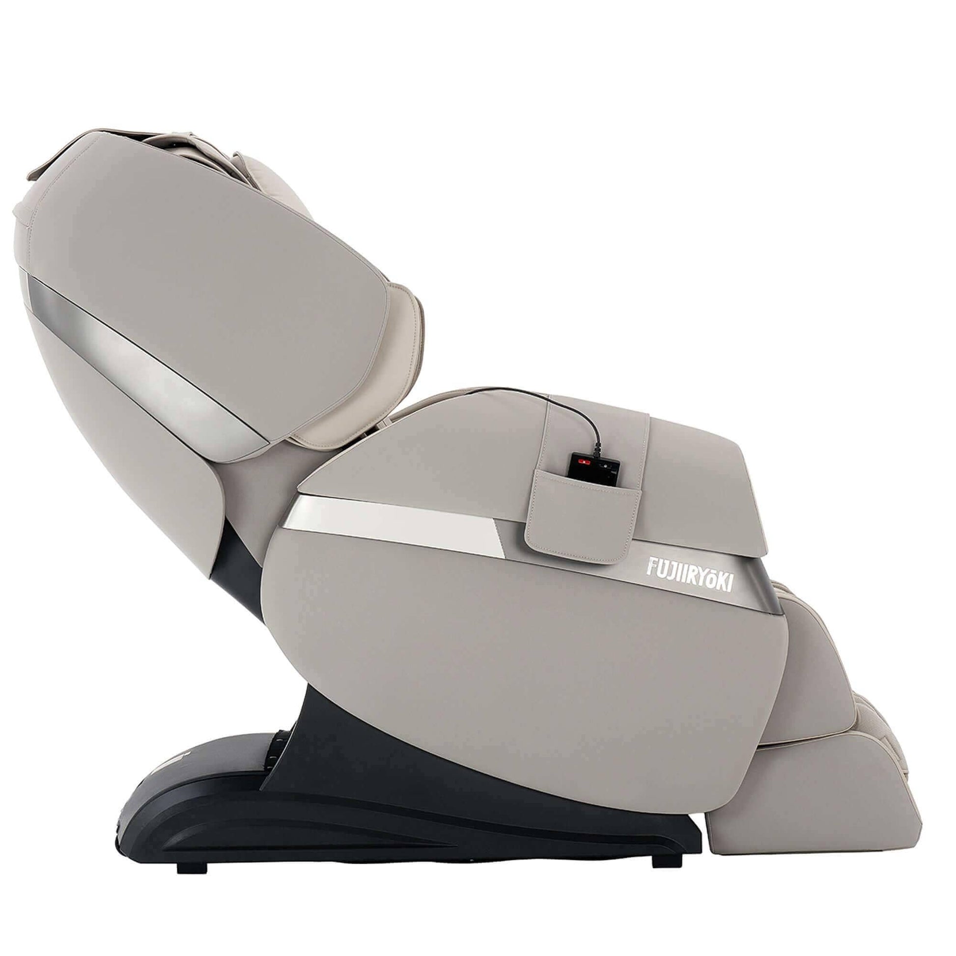 Fujiiryoki Calm Plus Massage Chair in light gray reclined position with footrest and remote pocket
