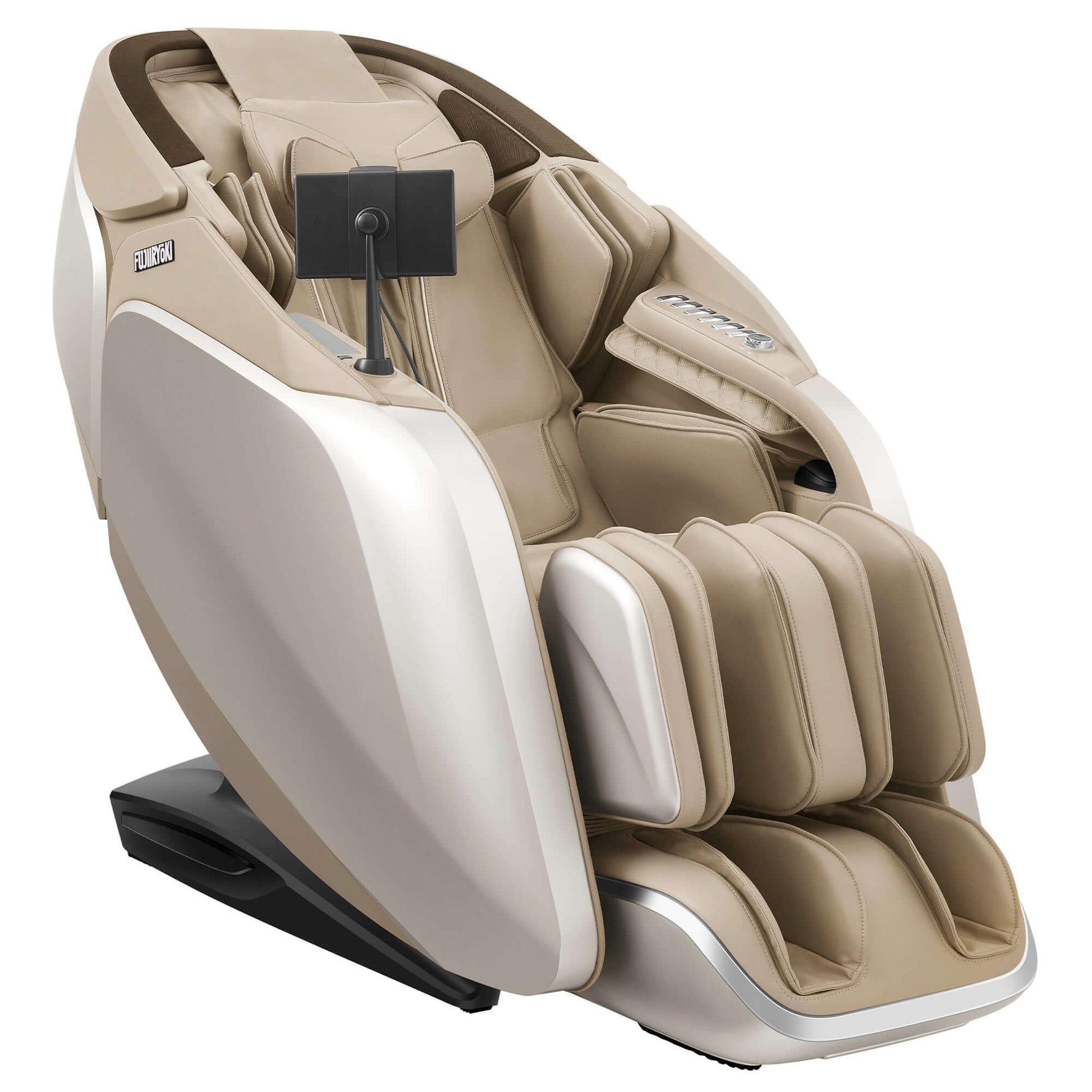 Fujiiryoki Cyber Relax Pro electric massaging chair in beige with advanced ergonomic design and footrest
