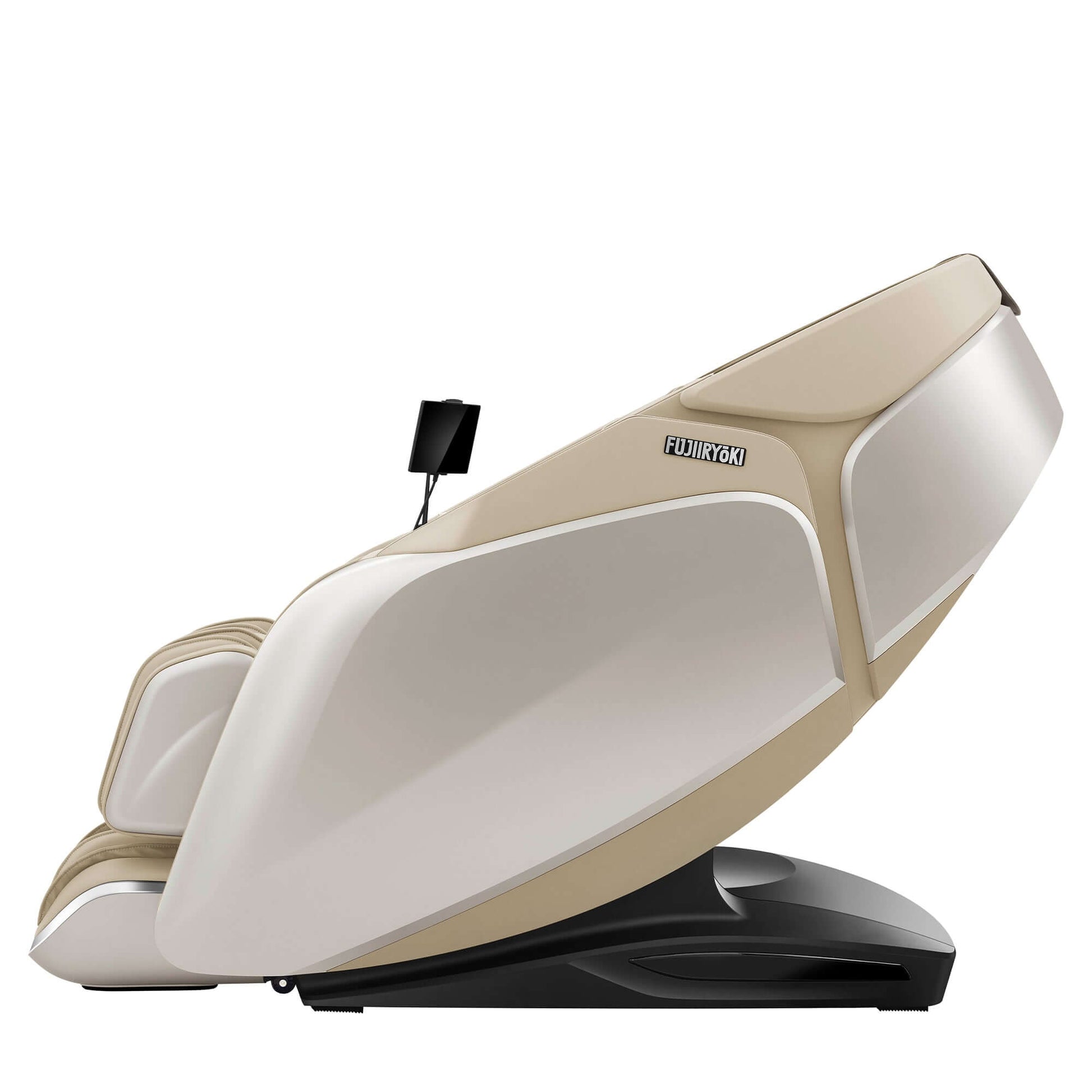 Fujiiryoki Cyber Relax Pro electric massaging chair in beige and white with modern ergonomic design