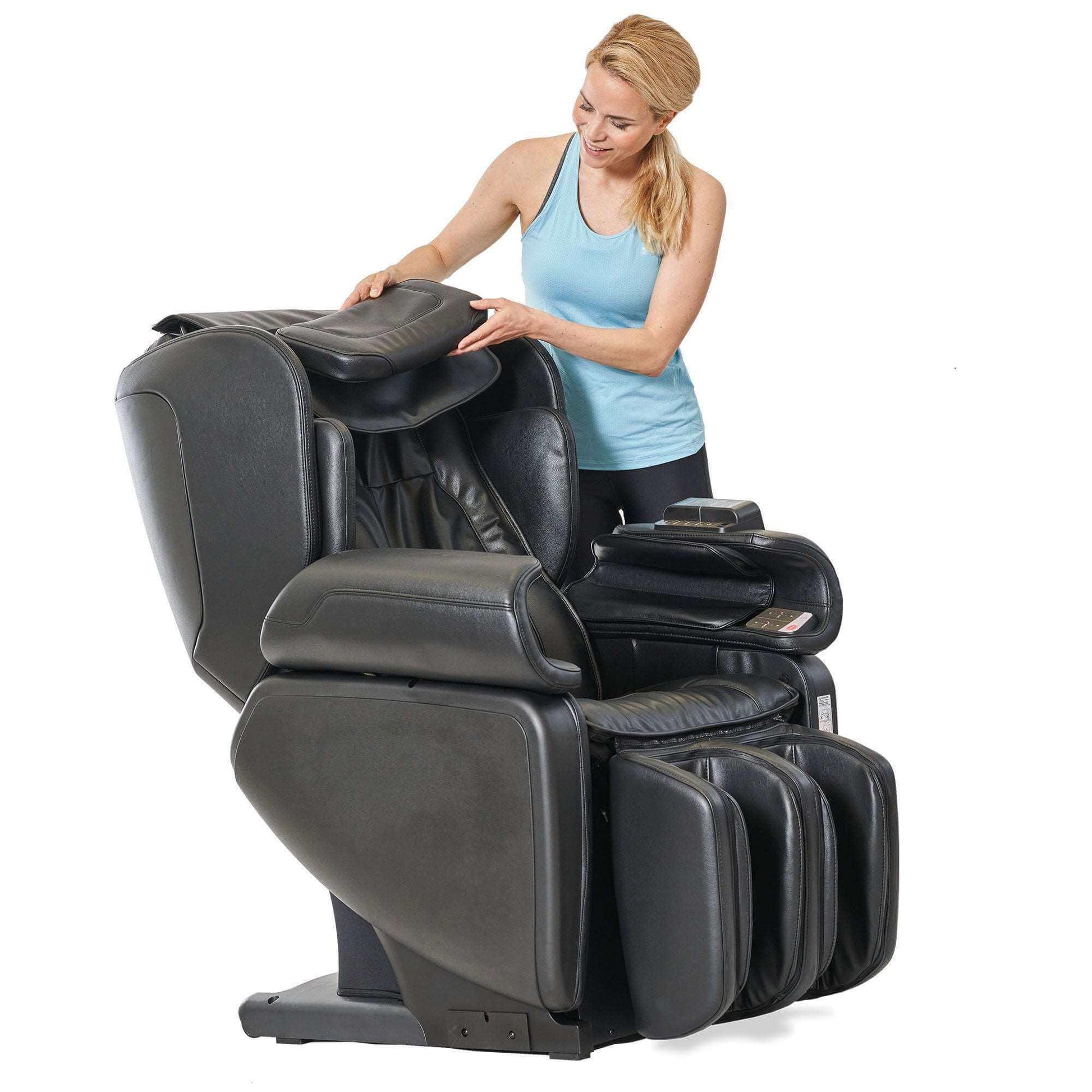 Synca Wellness black commercial massage chair with ergonomic design and multiple adjustable features