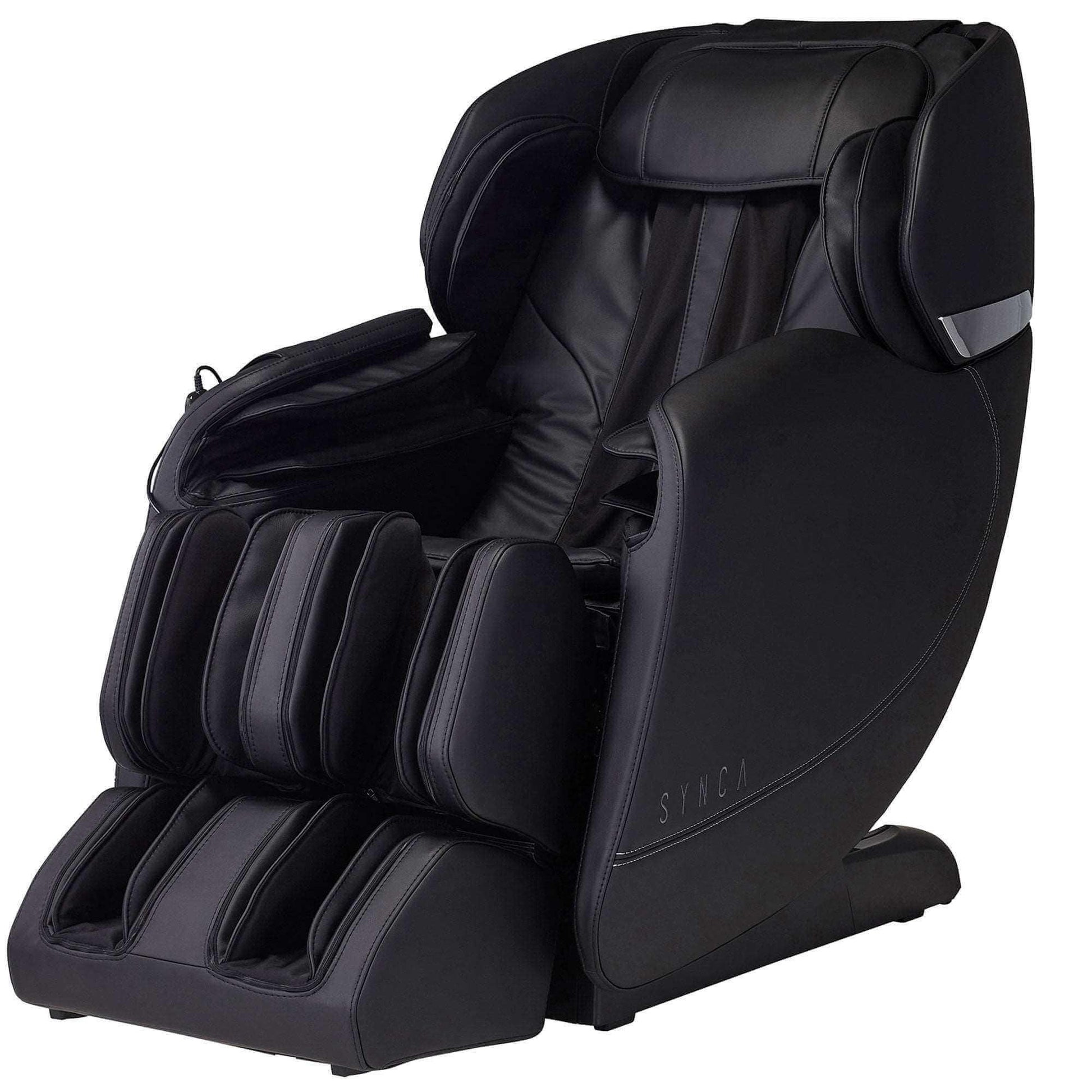 Synca Wellness Hisho massage chair in black electric massaging recliner with cushioned armrest and footrest