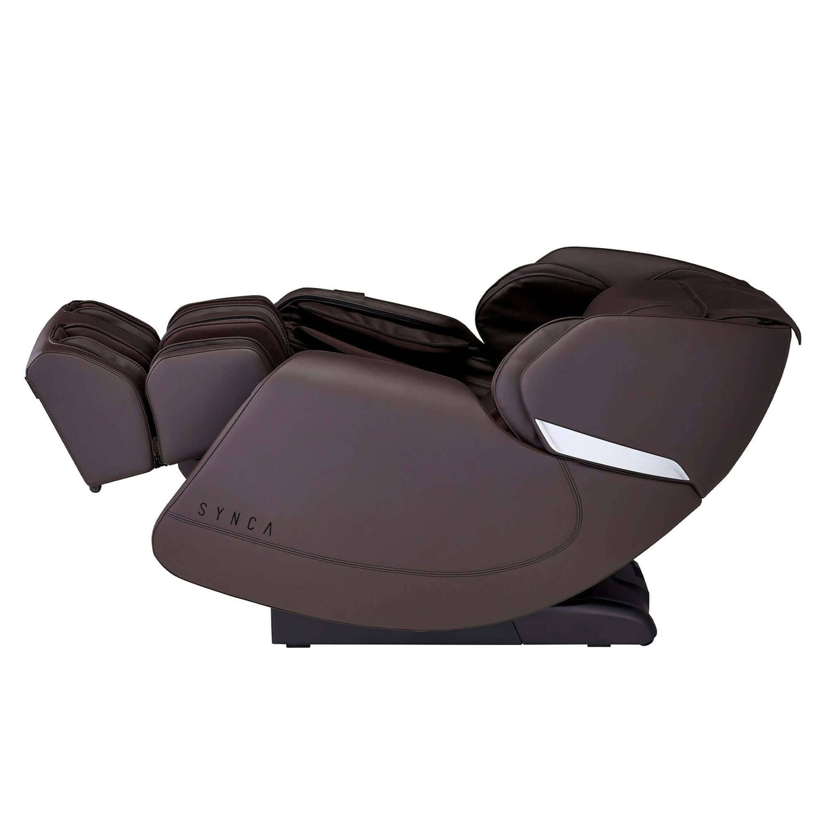 Massage chair, Hisho MR3000 SL Track, in dark brown synthetic leather with a sleek sculpted shell and padded leg rests.