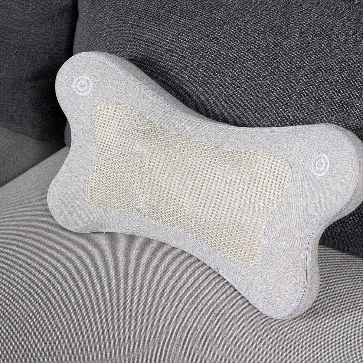 iPuffy - Premium 3D Heated Lumbar Massager in light grey fabric with a cream mesh center and two power symbols