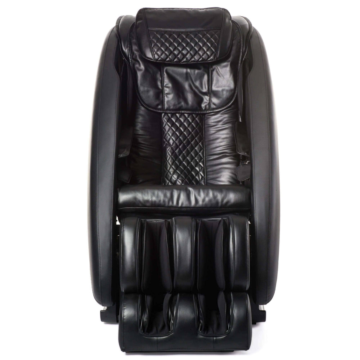 Massage chair in black synthetic leather with quilted diamond panels, padded armrests, and sculpted calf and foot massagers; Ji - SL Track