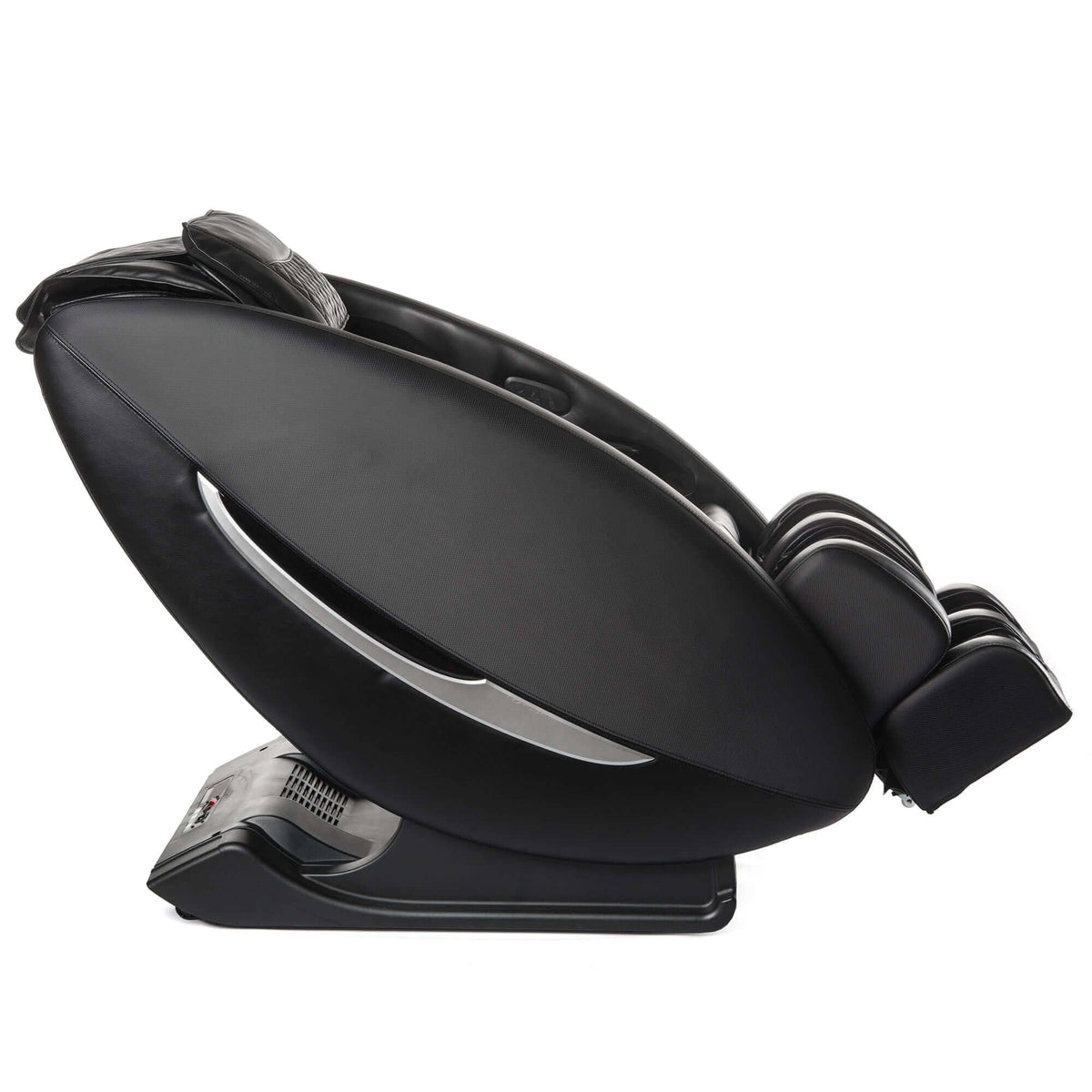 Ji - SL Track massage chair in black synthetic leather, reclined with a sleek curved shell and silver accent trim