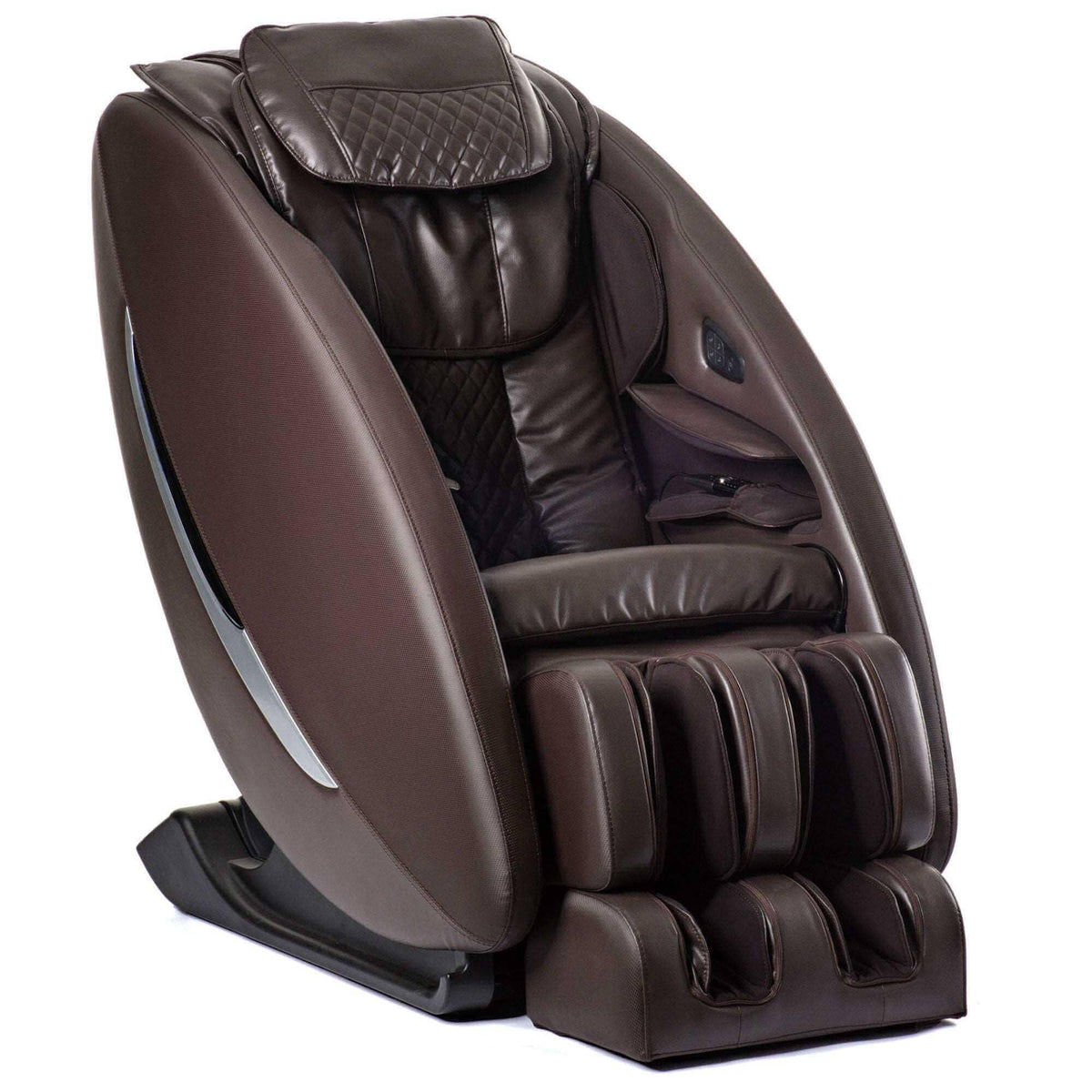 Massage chair, Ji - SL Track, in dark brown synthetic leather with quilted upholstery, padded armrests and enclosed footrest.