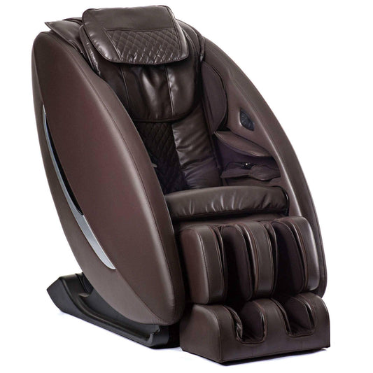 Massage chair, Ji - SL Track, in dark brown synthetic leather with quilted upholstery, padded armrests and enclosed footrest.