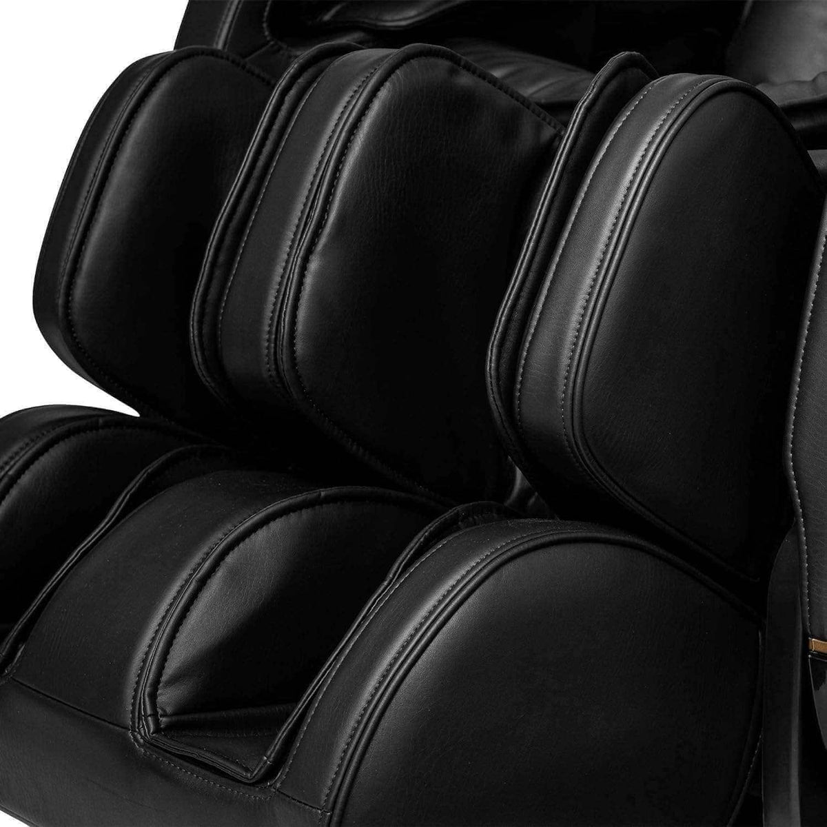 Jin 2 Massage Chair in black synthetic leather, showing padded contoured seat and segmented armrests with stitched seams