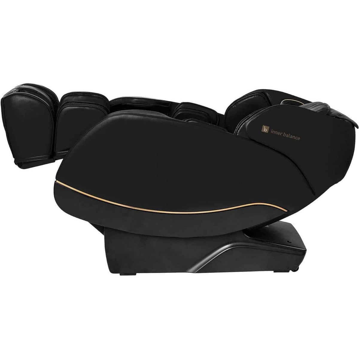 Jin 2 Massage Chair in black synthetic leather, reclined with a curved shell and subtle gold trim