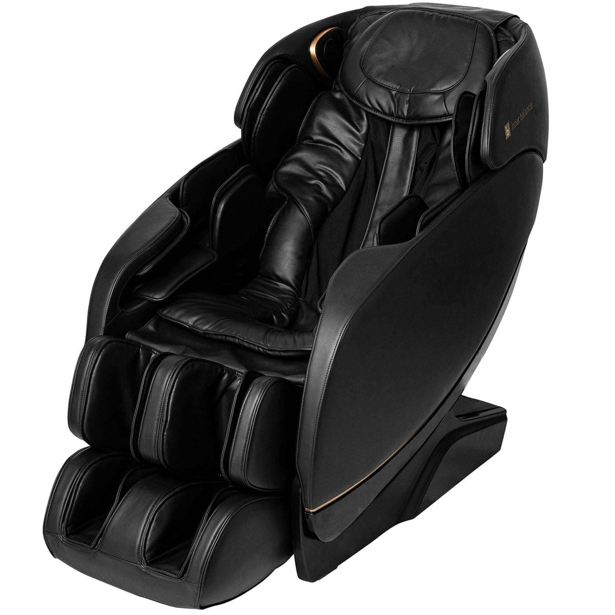 Jin 2 Massage Chair in black synthetic leather with padded armrests, segmented leg cushions and enclosed foot massagers