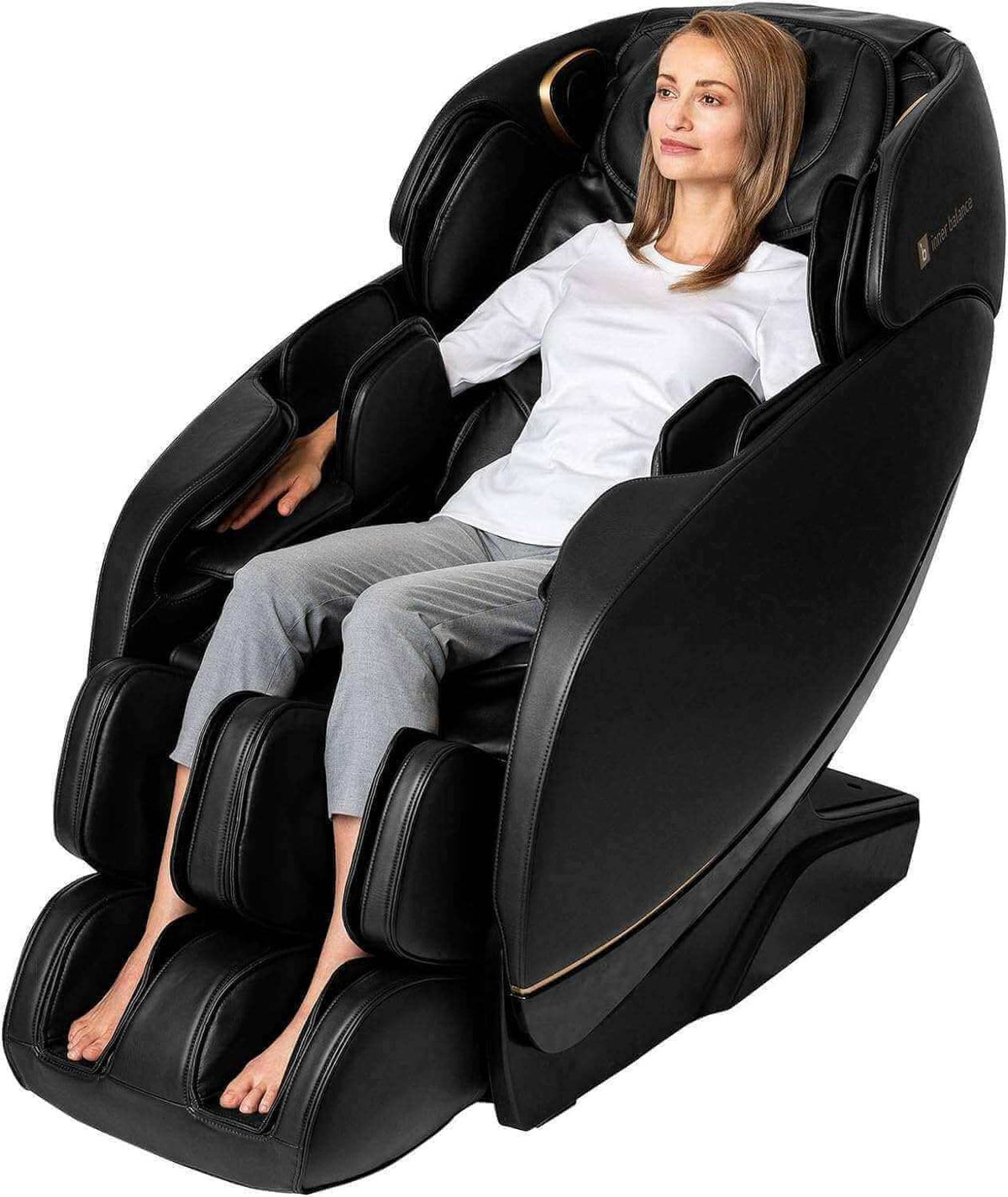 Jin 2 Massage Chair in black synthetic leather, with padded arm and leg compartments and gold trim detailing