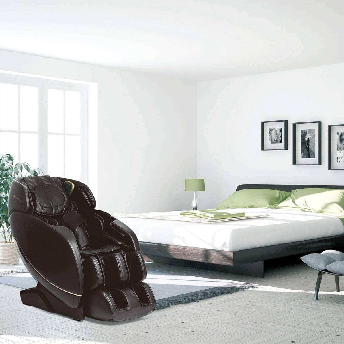 Jin 2 Massage Chair in dark brown synthetic leather, featuring padded arm compartments, contoured headrest and footrest