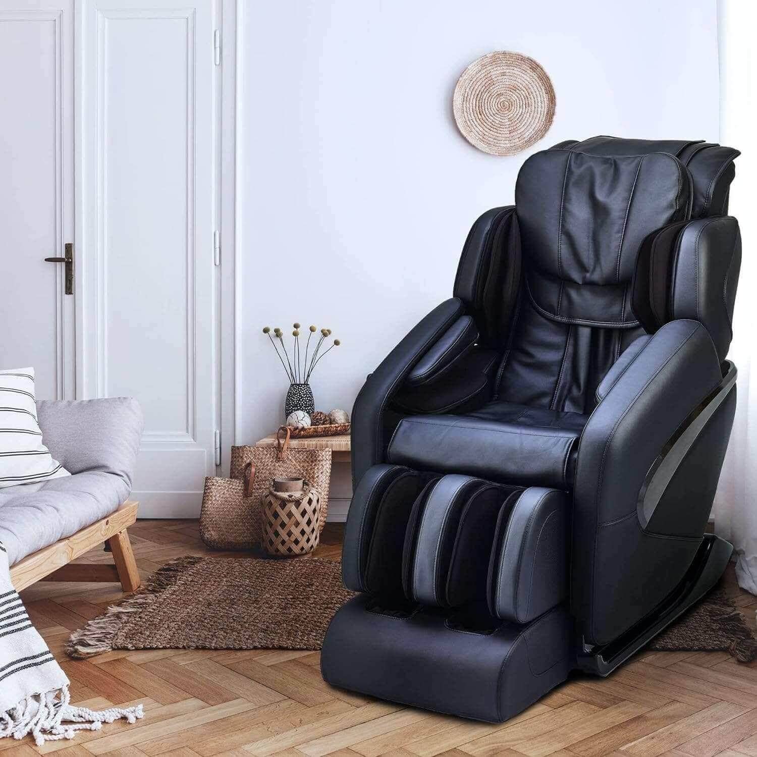 Fujiiryoki Jin massage chair in black positioned in a cozy living room setting